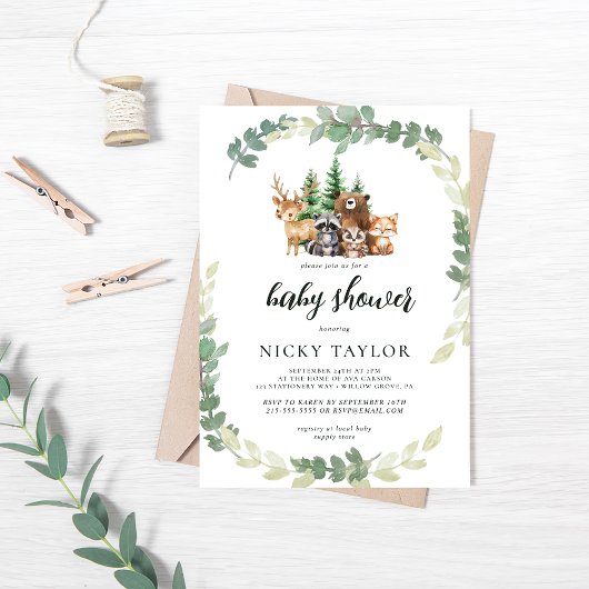 ウッドランドかわいい動物フレーム赤ちゃんシャワー 招待状