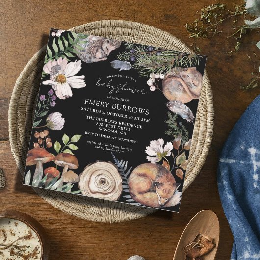 ウッドランドかわいい森林動物ブラックベビーシャワー 招待状