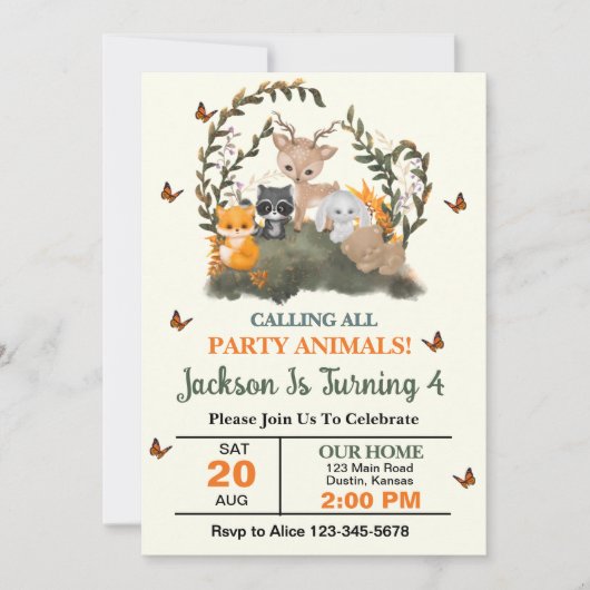 ウッドランドすべてのパーティー動物の誕生日パーティーを呼び出す 招待状 (正面)