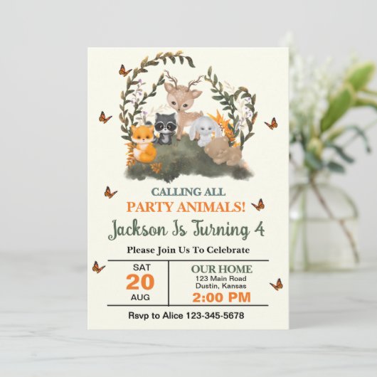 ウッドランドすべてのパーティー動物の誕生日パーティーを呼び出す 招待状 (スタンド正面)