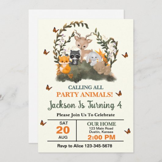 ウッドランドすべてのパーティー動物の誕生日パーティーを呼び出す 招待状 (正面/裏面)