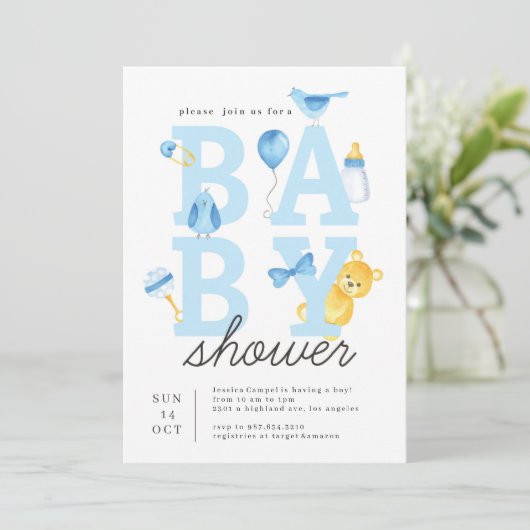 ウッドランドそれは男の子の森の友達のベビーシャワーです  招待状 (スタンド正面)