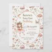 ウッドランドのキノコの水の色フェアリー最初の誕生日 招待状 (正面)