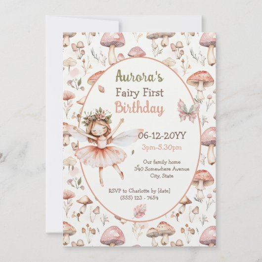 ウッドランドのキノコの水の色フェアリー最初の誕生日 招待状 (正面)