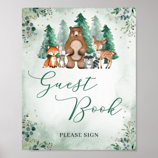 ウッドランドのゲストブックのサイン森林動物の緑 ポスター (正面)