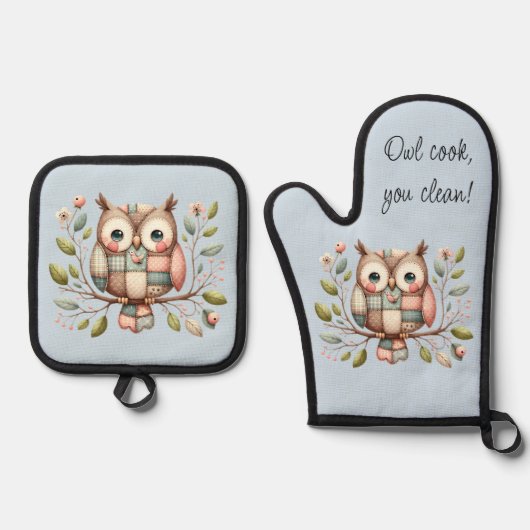 ウッドランドのパッチワークお洒落フクロウ 鍋つかみ&鍋敷きセット (正面)