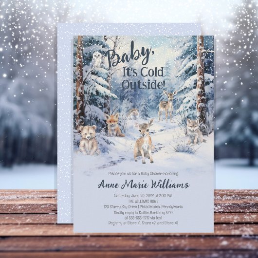 ウッドランドのベビーアニマルズウィンターボーイベビーシャワー 招待状