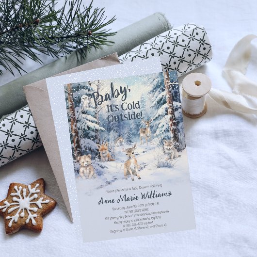 ウッドランドのベビーアニマルズウィンターボーイベビーシャワー 招待状