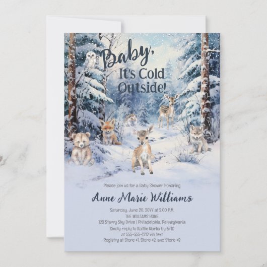 ウッドランドのベビーアニマルズウィンターボーイベビーシャワー 招待状 (正面)