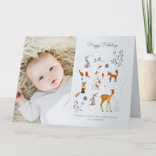 ウッドランドのライトブルーのクリスマスツリーと動物 カード (正面)