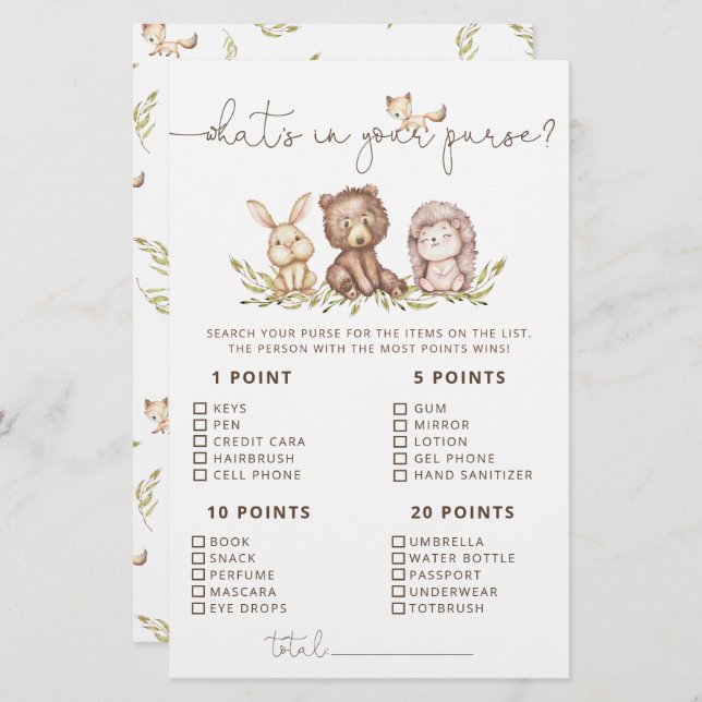 ウッドランドの動物あなたの財布のゲームの中にあるものを (正面/裏面)