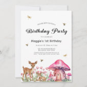 ウッドランドの動物と妖精のキノコ1st誕生日 招待状 (正面)