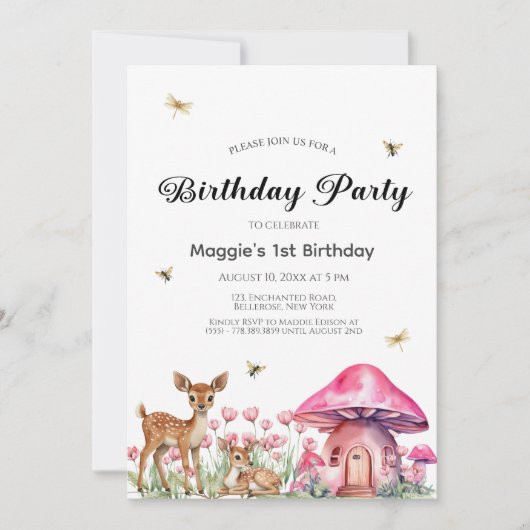 ウッドランドの動物と妖精のキノコ1st誕生日 招待状 (正面)