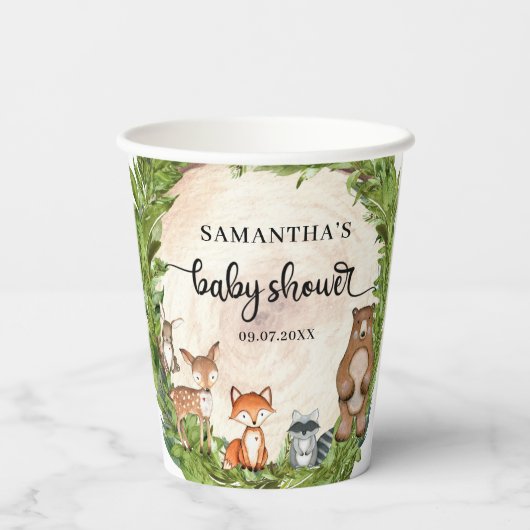 ウッドランドの動物の木の丸木切り赤ちゃんシャワー 紙コップ (裏面)