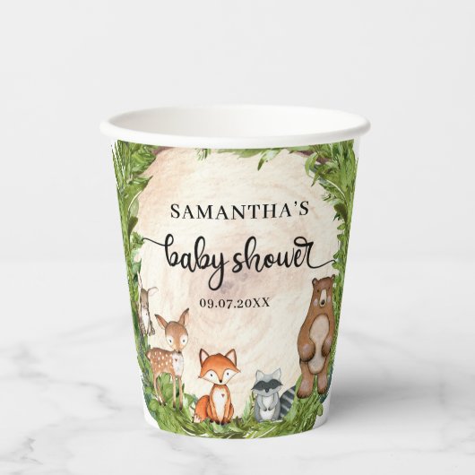 ウッドランドの動物の木の丸木切り赤ちゃんシャワー 紙コップ (正面)