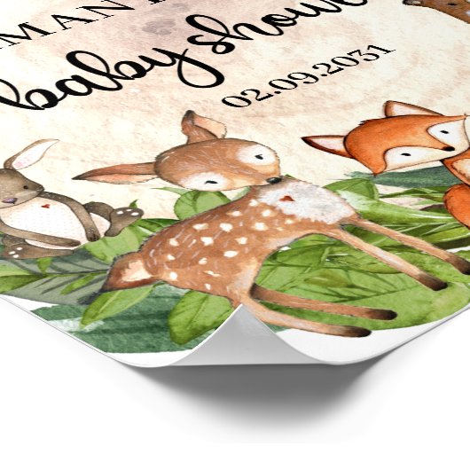 ウッドランドの動物の木の木の赤ちゃんシャワー歓迎のサイン ポスター (角)