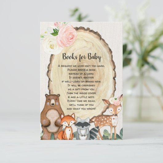 ウッドランドの動物の本リクエスト女の子の赤ちゃんシャワー エンクロージャーカード (スタンド正面)