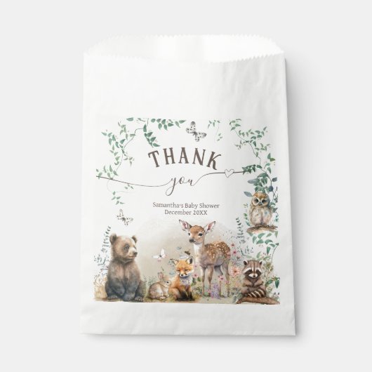 ウッドランドの動物の森の緑の赤ちゃんシャワー フェイバーバッグ (正面)