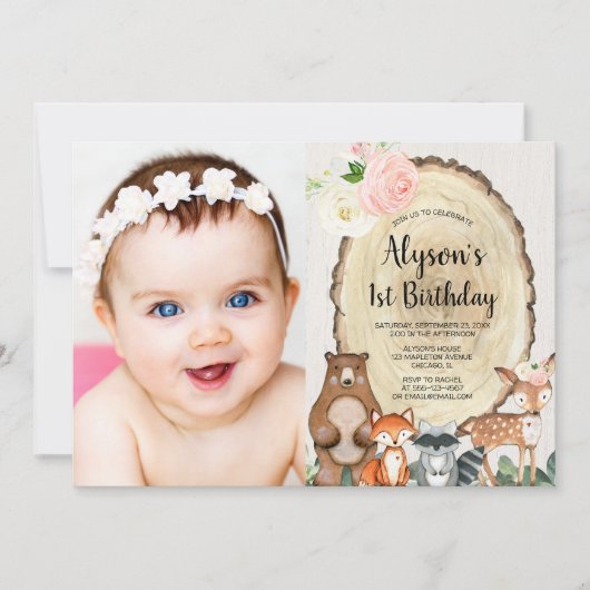 ウッドランドの動物の素朴なフローラピンクの緑の女の子 招待状 (正面)