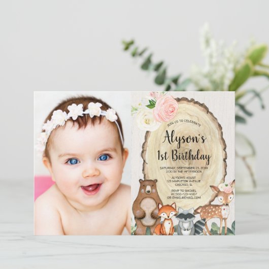 ウッドランドの動物の素朴なフローラピンクの緑の女の子 招待状 (スタンド正面)