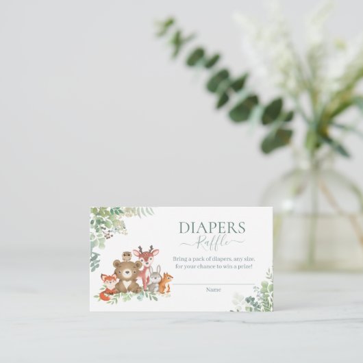 ウッドランドの動物の緑の男の子シャワーおむつラッフル エンクロージャーカード (スタンド正面)