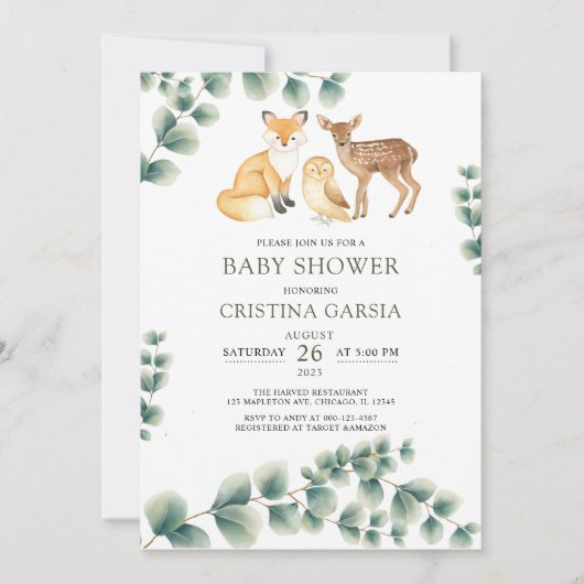 ウッドランドの動物の緑の赤ちゃんシャワー 招待状 (正面)