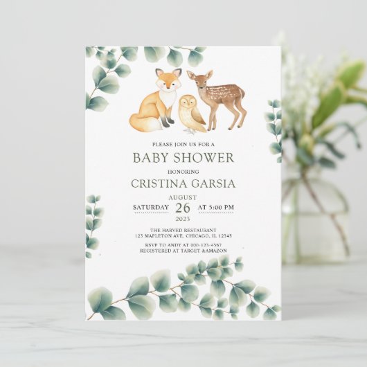 ウッドランドの動物の緑の赤ちゃんシャワー 招待状 (スタンド正面)