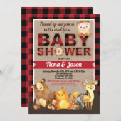 ウッドランドの動物の赤ちゃんシャワーランバージャックレッドプレイド 招待状 (正面/裏面)