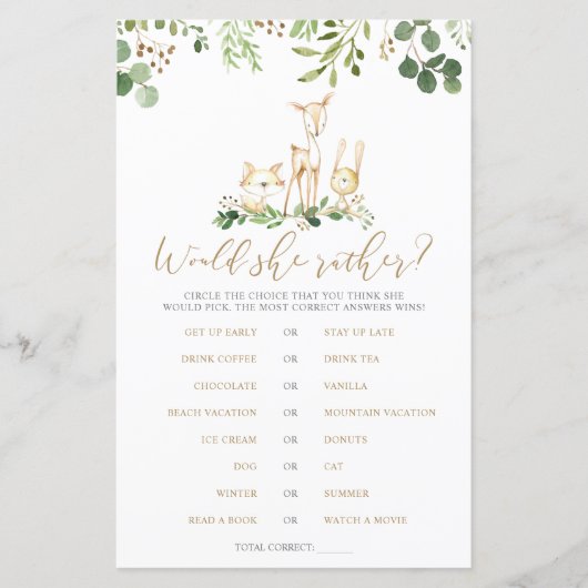 ウッドランドの動物は彼女はむしろ赤ちゃんシャワーのゲームをする (正面)