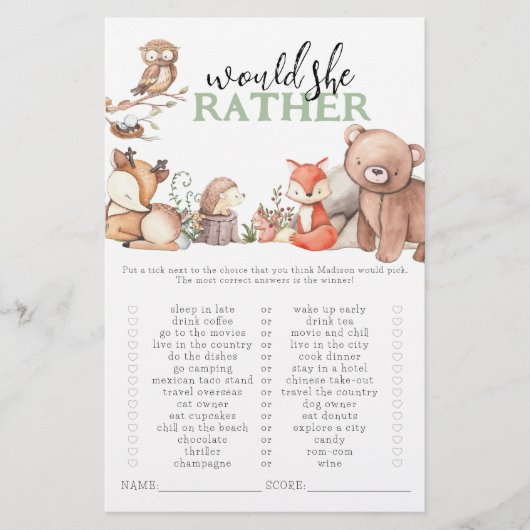 ウッドランドの動物は彼女はむしろ赤ちゃんシャワーのゲームをする (正面)