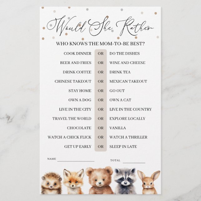 ウッドランドの動物は彼女はむしろ赤ちゃんシャワーのゲームをする (正面)