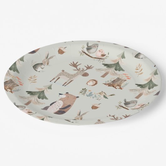 ウッドランドの動物は緑の素朴な赤ちゃんシャワーをセージ ペーパープレート (アングル)