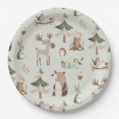 ウッドランドの動物は緑の素朴な赤ちゃんシャワーをセージ ペーパープレート (正面)