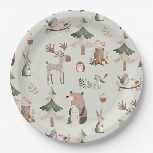 ウッドランドの動物は緑の素朴な赤ちゃんシャワーをセージ ペーパープレート (正面)