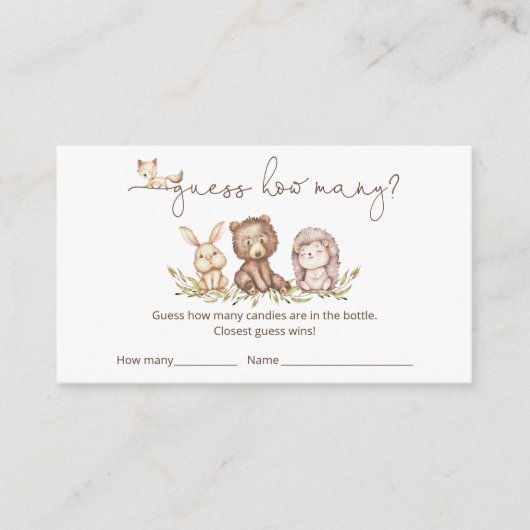 ウッドランドの動物は赤ちゃんシャワーのゲームの数を推測 エンクロージャーカード (正面)