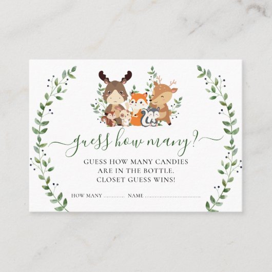 ウッドランドの動物は赤ちゃんシャワーのゲームの数を推測 プレイスカード (正面)