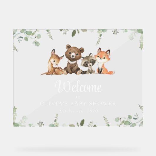 ウッドランドの動物、森、赤ちゃんシャワーへようこそ アクリルサイン (正面)