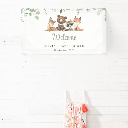 ウッドランドの動物、森、赤ちゃんシャワーへようこそ 横断幕 (インサイチュ)