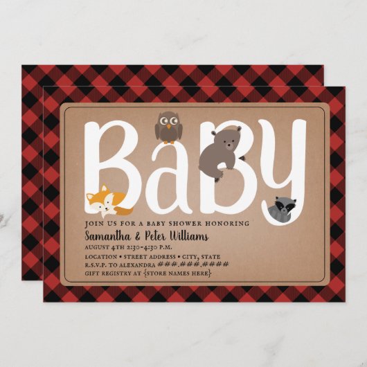 ウッドランドの友人バッファロープレイドベビーシャワー 招待状 (正面/裏面)