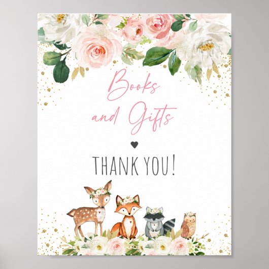 ウッドランドの女の子の本とギフト赤ちゃんシャワーのサイン ポスター (正面)