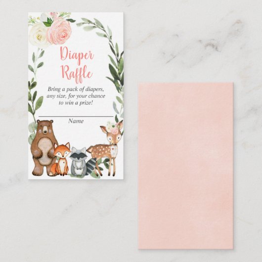 ウッドランドの女の子の赤ちゃんシャワーおむつラッフルカード エンクロージャーカード (正面/裏面)