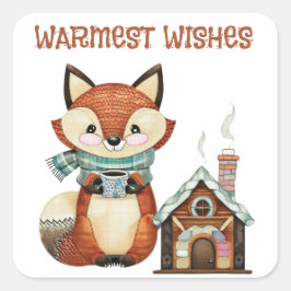 ウッドランドの愛らしいキツネにコーヒーの願い最高のがある スクエアシール