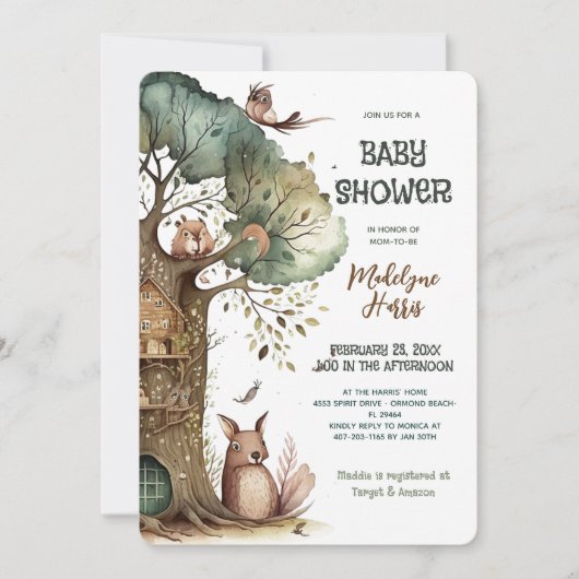 ウッドランドの木の動物の赤男女兼用ちゃんシャワー 招待状 (正面)