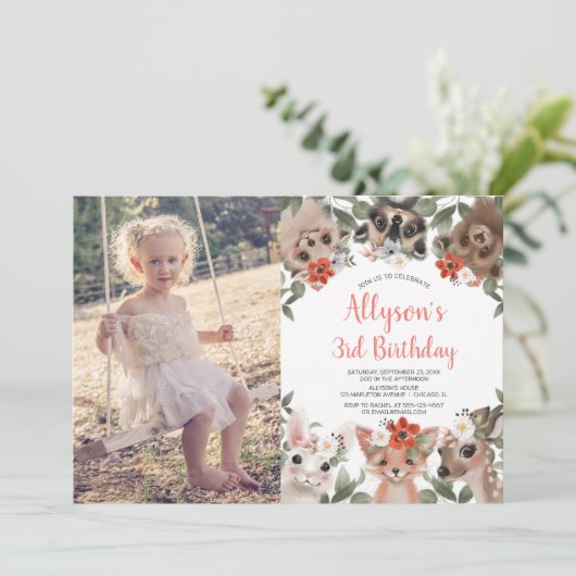 ウッドランドの森かわいい動物の女の子の誕生日の写真 招待状 (スタンド正面)