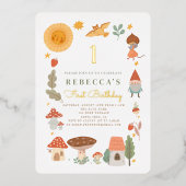 ウッドランドの森のキノコ赤ちゃんシャワーフォイルinvitati 箔招待状 (正面)