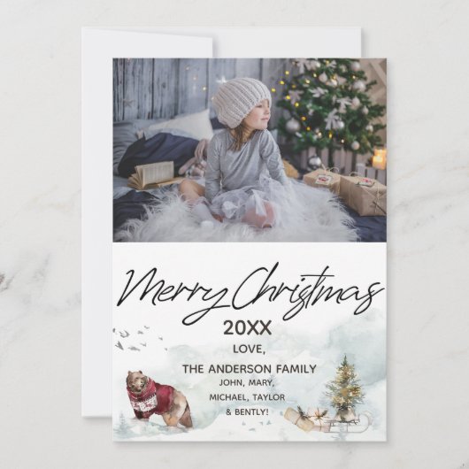 ウッドランドの森の切り取りクマ写真メリークリスマス シーズンカード (正面)