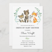 ウッドランドの森の動物が赤ちゃんシャワーでドライブ 招待状 (正面/裏面)