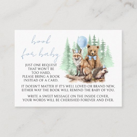 ウッドランドの森の動物の本男の赤ちゃんシャワー エンクロージャーカード (正面)