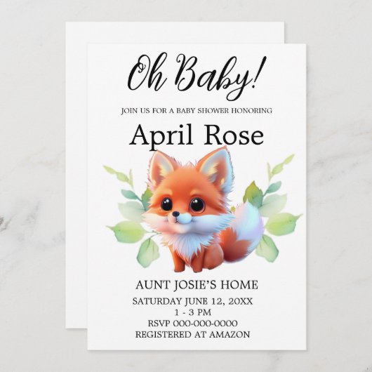 ウッドランドの森の友人かわいいベビーフォックス動物 招待状 (正面/裏面)