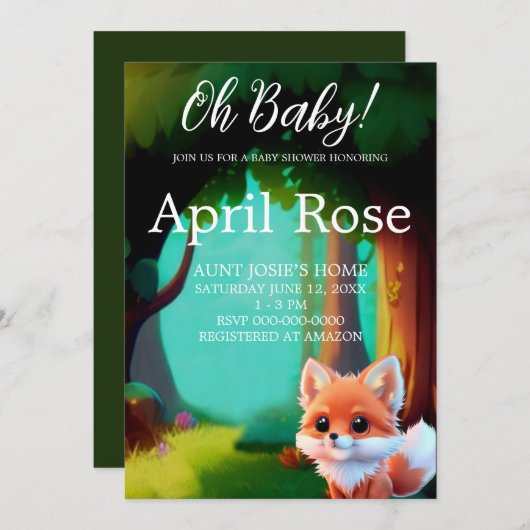 ウッドランドの森の友人かわいいベビーフォックス 招待状 (正面/裏面)